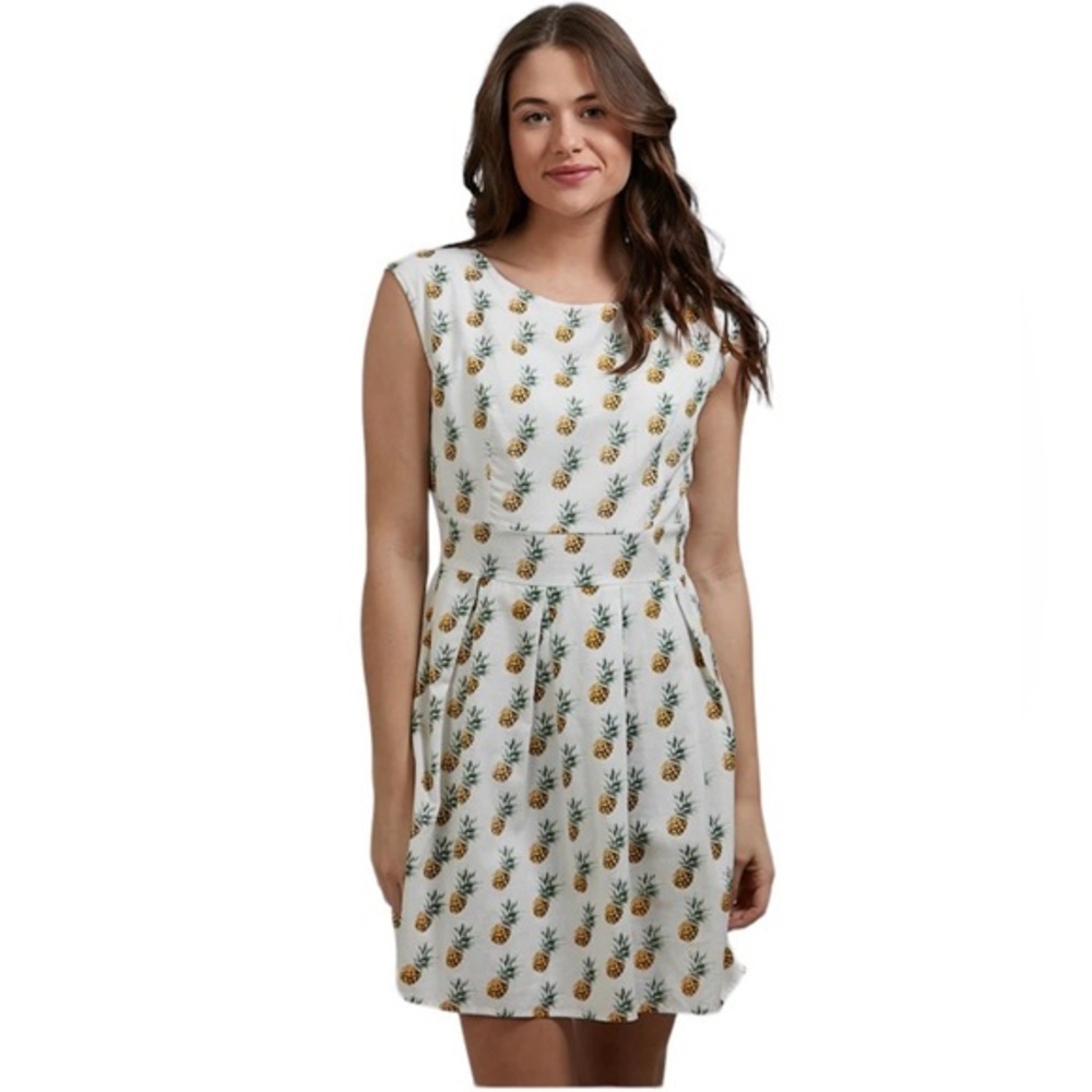 PINEAPPLE PRINT SLEEVELESS BELTED SUMMER DRESS M - Picture 1 of 10